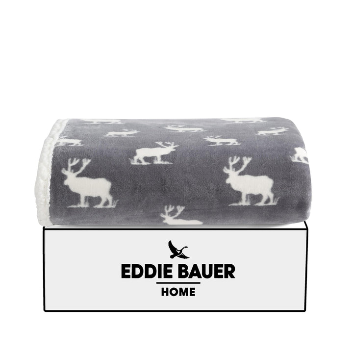 Eddie Bauer - Throw Blanket, Super Soft Reversible Sherpa Fleece Bedding, Ideal Christmas & White Elephant Gifts, Cozy Plaid Throw Blankets for Couch (Elk Stance Grey, Throw) Elk Stance Grey/White Animal