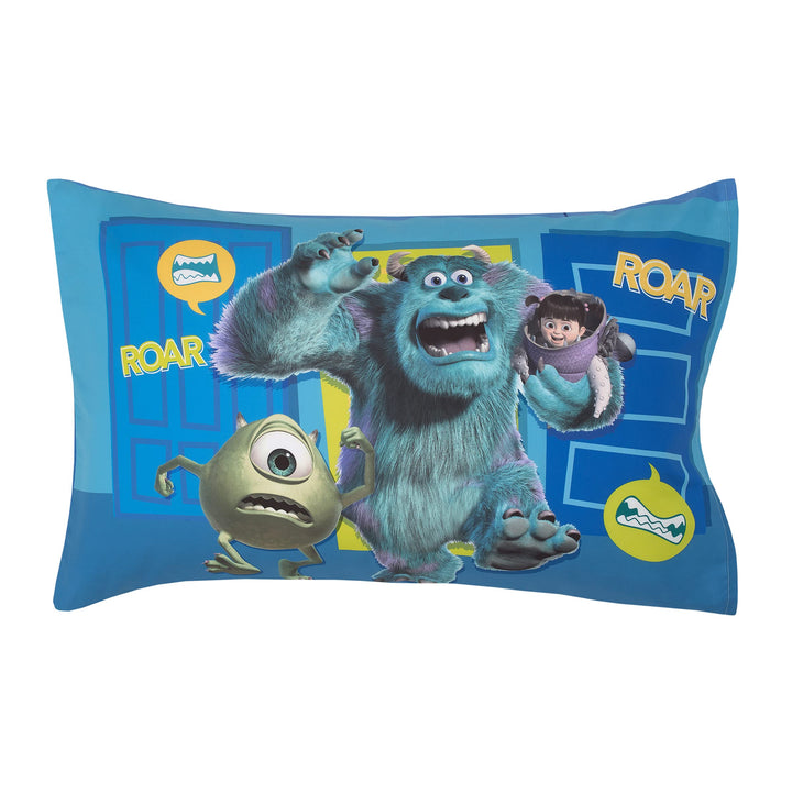 Disney Monsters Inc. Guess Who Blue and Green Sully, Mike, and Boo 4 Piece Toddler Bed Set - Comforter, Fitted Bottom Sheet, Flat Top Sheet, and Reversible Pillowcase Disney Monsters Inc.