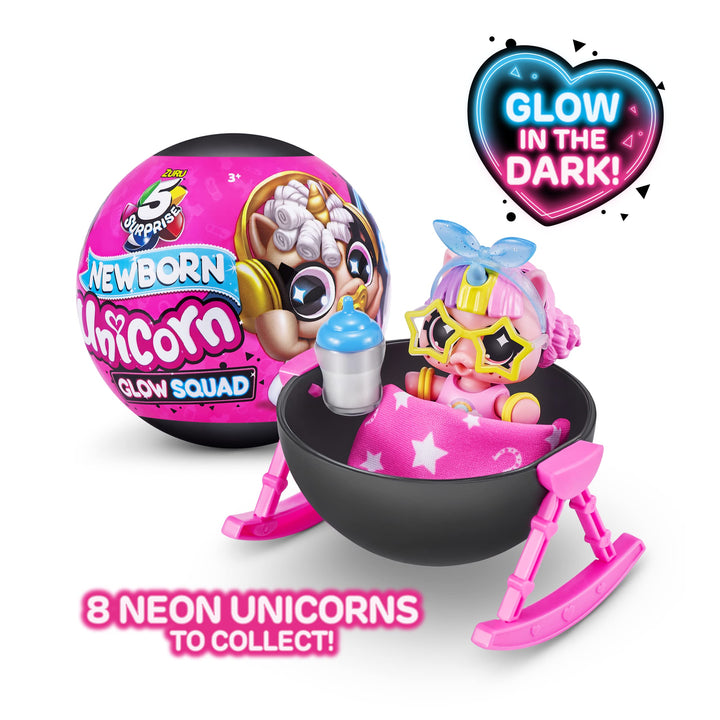 5 Surprise Unicorn Squad Series 6 Newborn Unicorn Glow Squard (2 Pack) by ZURU,  Exclusive Mystery Collectible Toys, Mini Glow in The Dark, Collectable Capsule 2 Piece Set