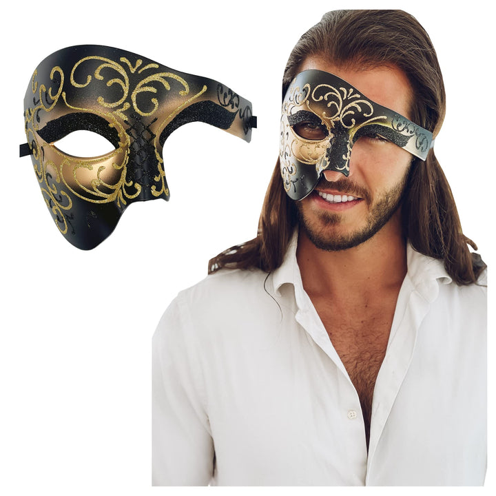 Masquerade Mask For Men Phantom Of The Opera Mask Prom Mardi Gras Haloween Venetian Half Face Mask Black-gold One Size