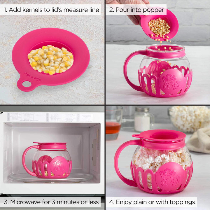 Ecolution Patented Micro-Pop Microwave Popcorn Popper with Temperature Safe Glass, 3-in-1 Lid Measures Kernels and Melts Butter, Made Without BPA, Dishwasher Safe, 1.5-Quart, Pink 1.5-Quart Snack Size Hot Pink