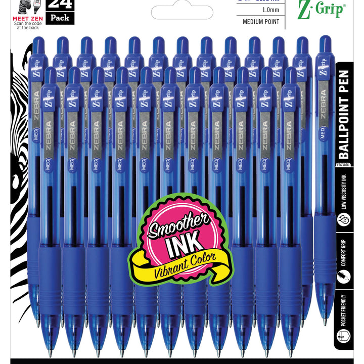 Zebra Pen Z-Grip Retractable Ballpoint Pen, Medium Point, 1.0mm, Blue Ink, 24-Pack