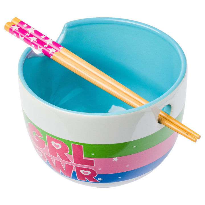 Silver Buffalo The Powerpuff Girls Rainbow Girl Power Featuring Blossom, Bubbles, and Buttercup Ceramic Ramen Noodle Rice Bowl with Chopsticks, Microwave Safe, 20 Ounces Power Puff Girls