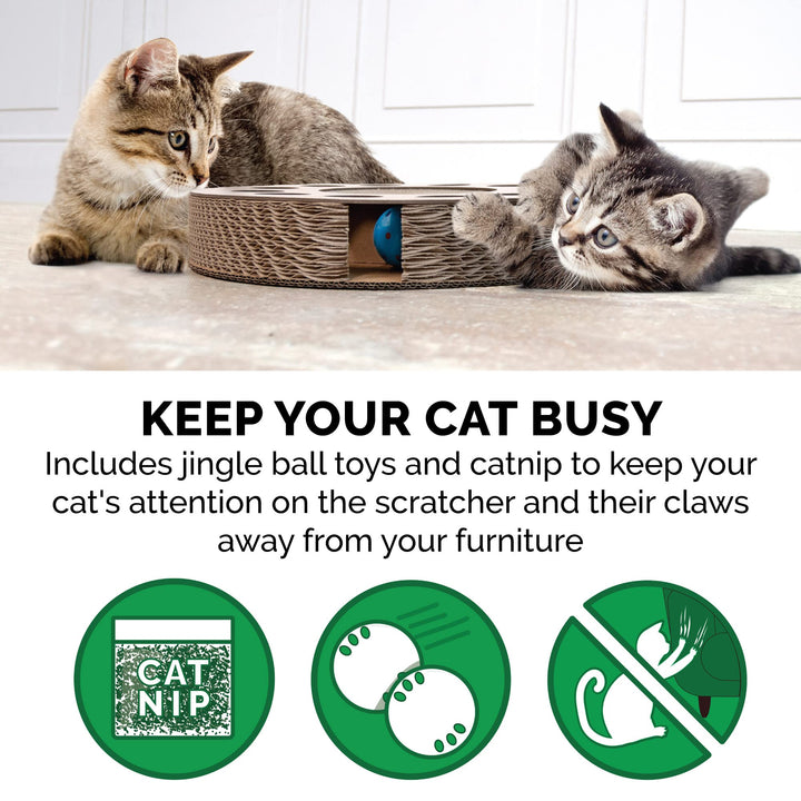 Furhaven Scratching Pad Ball Track Cat Toy w/ Catnip for Indoor Cats - Round Busy Box Scratcher - Tan, One Size