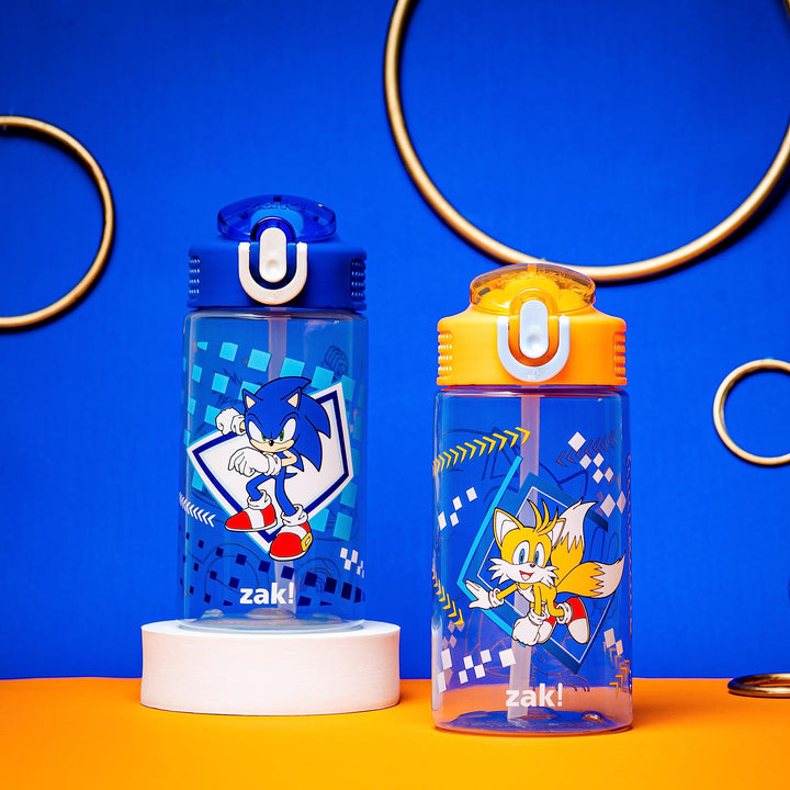 Zak Designs Sonic Kids' 2-Pack Leak-Proof Water Bottles With Straw, Handle and Pop-Up Spout Cover 2 Count (Pack of 1) Sonic the Hedgehog