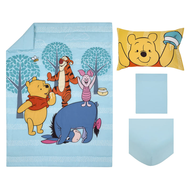 Disney Winnie The Pooh Funny Friends Aqua, Gold, Blue and Orange, Tigger, Eeyore and Piglet 4 Piece Toddler Bed Set - Comforter, Fitted Bottom Sheet, Flat Top Sheet, and Reversible Pillowcase Disney Winnie the Pooh