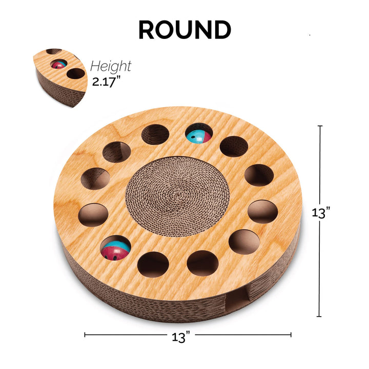 Furhaven Scratching Pad Ball Track Cat Toy w/ Catnip for Indoor Cats - Round Busy Box Scratcher - Tan, One Size