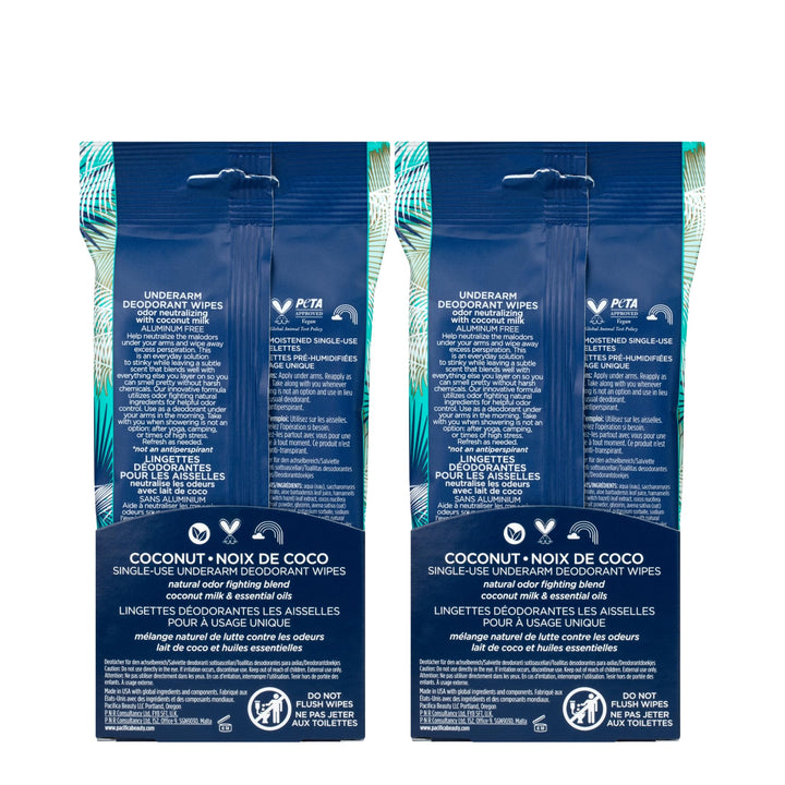 Pacifica Beauty, Coconut Milk & Essential Oils Underarm Deodorant Wipes, 30 Count (Pack of 2), Remove Odor On-The-Go, Aluminum Free, Travel Friendly, Fresh Coconut Scent, 100% Vegan and Cruelty Free