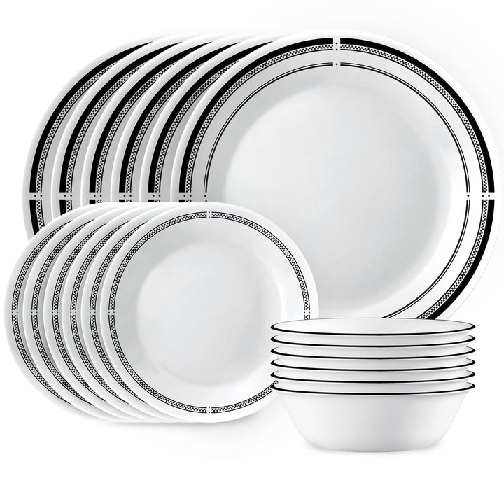 Corelle 18-Piece Round Dinnerware Set, Service for 6, Lightweight Round Plates and Bowls Set, Vitrelle Triple Layer Glass, Chip and Scratch Resistant, Microwave and Dishwasher Safe, Brasserie