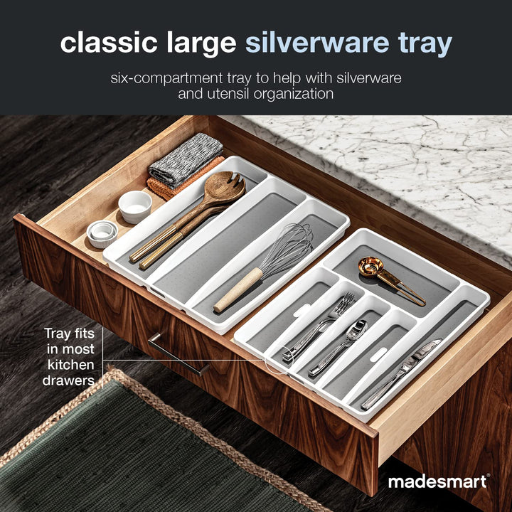 madesmart Classic Large Silverware Tray - White |CLASSIC COLLECTION | 6-Compartments| Kitchen Drawer Organizer | Soft-Grip Lining and Non-Slip Rubber Feet | BPA-Free