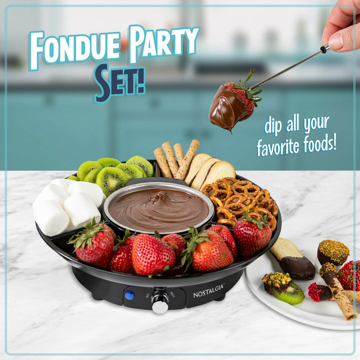 Nostalgia 10-Ounce Electric Fondue Party Set for Melted Chocolate, Cheese, Sauce, or Broth, with 3-Section Food Tray and 4 Dipping Forks, Black