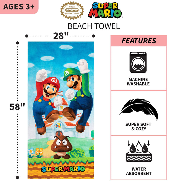 Franco Super Mario "Official Nintendo" Kids Super Soft Cotton Bath/Pool/Beach Towel, 58 in x 28 in