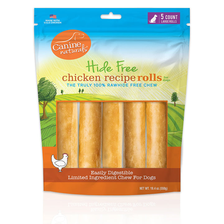 Canine Naturals Chicken Recipe Chew - Rawhide Free Dog Treats - Made from USA Raised Chicken - All-Natural and Easily Digestible - 5 Pack of 7 Inch Large Rolls for Dogs 50-75lb 3.88 Ounce (Pack of 5)