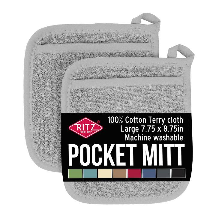 Ritz Terry Pocket Mitt & Hot Pad: Unparalleled Heat Resistant, Durable 100% Cotton – Ergonomically Designed for Optimal Grip – Easy-Care Machine Washable, Perfect for Your Kitchen – Titanium, 2-Pk Pocket Mitt -- 2 pk Titanium Gray