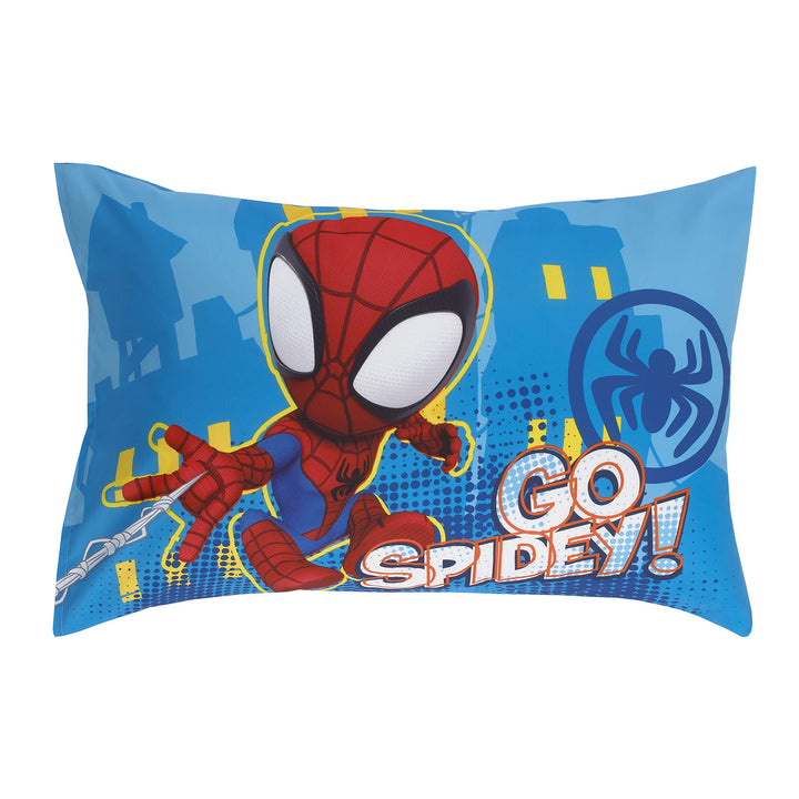 Marvel Spidey and his Amazing Friends Spidey Team Red, White, and Blue 4 Piece Toddler Bed Set - Comforter, Fitted Bottom Sheet, Flat Top Sheet, and Reversible Pillowcase