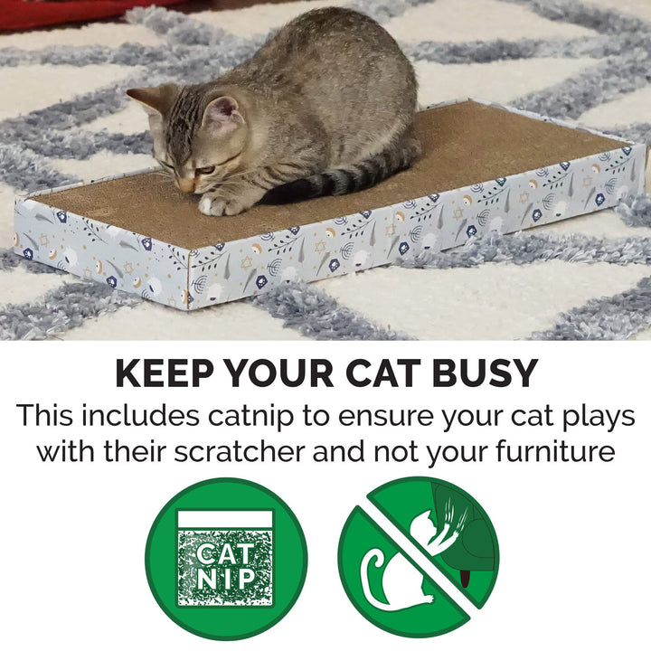 Furhaven Scratching Board w/ Catnip for Indoor Cats, Reversible - Holiday Corrugated Scratcher Pad - Hanukkah Print, One Size