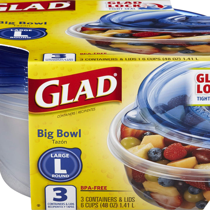 GladWare Big Bowl Food Storage Containers, Large Round Bowl Holds 48 Ounces of Food, 3 Count Set | Glad Food Storage Containers for Everyday Use to Preserve Freshness 48 oz - 3 Count