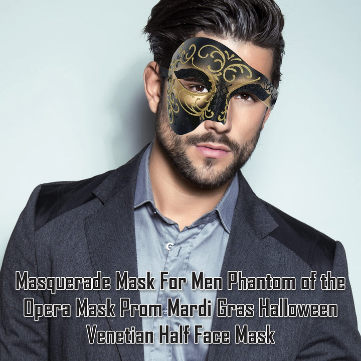 Masquerade Mask For Men Phantom Of The Opera Mask Prom Mardi Gras Haloween Venetian Half Face Mask Black-gold One Size