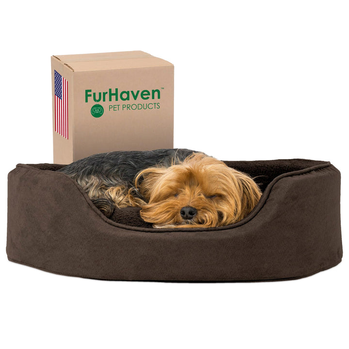 Furhaven Dog Bed for Medium/Small Dogs w/ Removable Washable Cover & Reversible Pillow Cushion Insert, For Dogs Up to 18 lbs - Terry & Suede Oval Lounger - Espresso, Medium