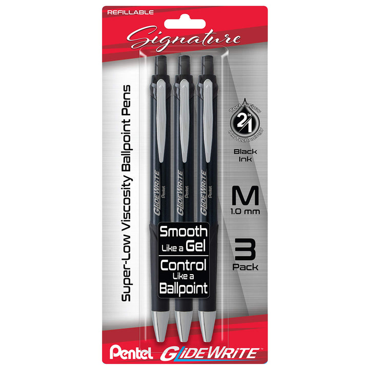 Pentel Glidewrite Signature Ballpoint Pen, (1.0mm) Medium, Black Barrel, Black Ink, 3-pk (BX930ABP3A)