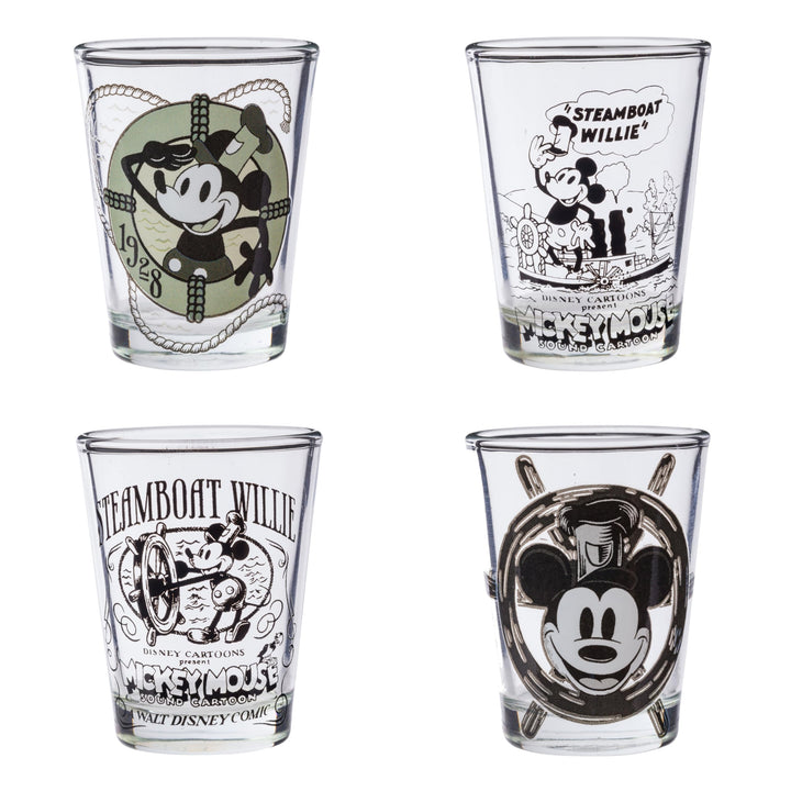 Silver Buffalo Disney 100 Classic 1928 Steamboat Mickey Vintage Sketch Mini Glasses 4 Pack, 1.5 Ounces