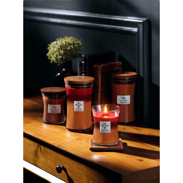 WoodWick Large Hourglass Candle, Autumn Harvest - Premium Soy Blend Wax, Pluswick Innovation Wood Wick, Made in USA Autumn Harvest Trilogy