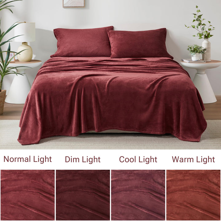 Sleep Philosophy True North Fleece Sheet Set Full, Solid Color, Warm & Plush Sheets Soft Fleece Bedding Full Size Sheets, Fitted Pocket Fits Up to 16" Mattress, Soloft, Full Burgundy 4 Piece