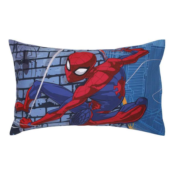 Marvel Spiderman Wall Crawler Red, White, and Blue Spider Webs 4 Piece Toddler Bed Set - Comforter, Fitted Bottom Sheet, Flat Top Sheet, and Reversible Pillowcase Marvel Spiderman