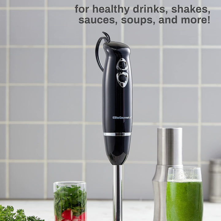 Elite Gourmet EHB1015 Immersion Hand Blender 500 Watts 2 Speed Mixing with Stainless Steel Blades, Detachable Wand Stick Mixer, Smoothies, Baby Food, Soup, Black Black/Stainless Steel Immersion Blenders