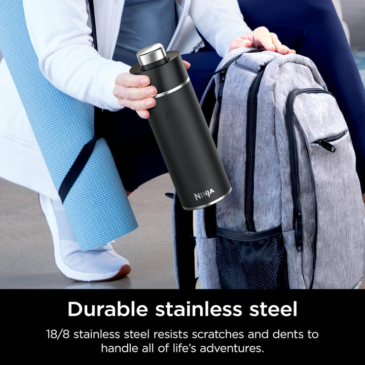 Ninja DW1801BK Thirsti 18oz Travel Water Bottle, For Carbonated Sparkling Drinks, Colder and Fizzier Longer, Leak Proof, 24 Hrs Cold, Dishwasher Safe, Stainless Steel Insulated Tumbler, Onyx Black 18 Fluid Ounces