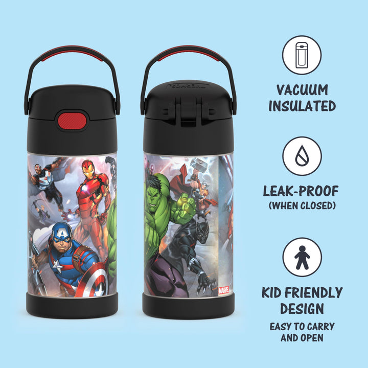 THERMOS FUNTAINER Water Bottle with Straw - 12 Ounce, Avengers - Kids Stainless Steel Vacuum Insulated Water Bottle with Lid Licensed Characters