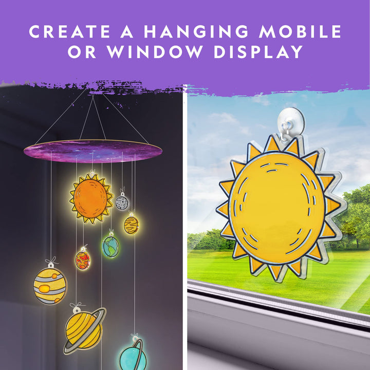 Kids Window Art Kit - Stained Glass Solar System Arts & Crafts Kit with Glow in The Dark Planets, Use as Window Suncatchers, Hanging Decor from Ceiling, Mobile, Space Room Decor Glowing Planets