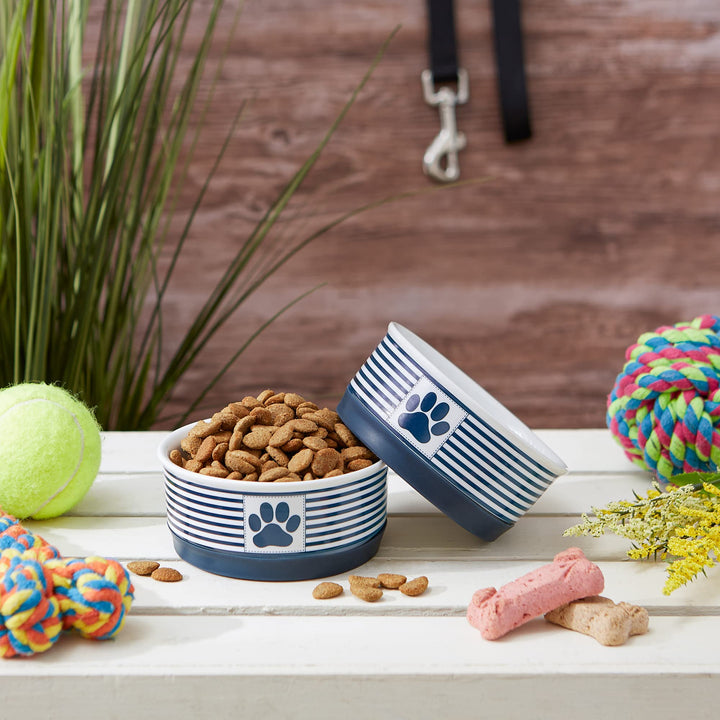 Bone Dry Paw & Patch Ceramic Pet Collection, Small Set, 4.25x2", Nautical Blue, 2 Piece Small Bowl Set, 4.25x2"