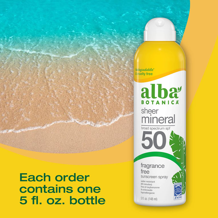 Alba Botanica Sheer Mineral Sunscreen Spray, SPF 50, Fragrance-Free Broad Spectrum, Water Resistant and Biodegradable, 5 fl. Oz. Bottle
