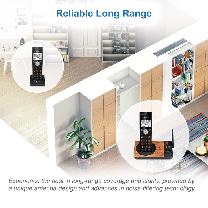 AT&T CL82167 Cordless Phone with Answering Machine, Call Blocking, Caller ID Announcer, Intercom and Long Range, Black & Wood Grain Finish Black/Wood Grain Finish 1 Handset