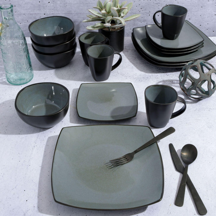 Gibson Soho Lounge Square Reactive Glaze Stoneware Dinnerware Set, Service for 4 (16pc), Sapphire Service for 4 (16pcs)