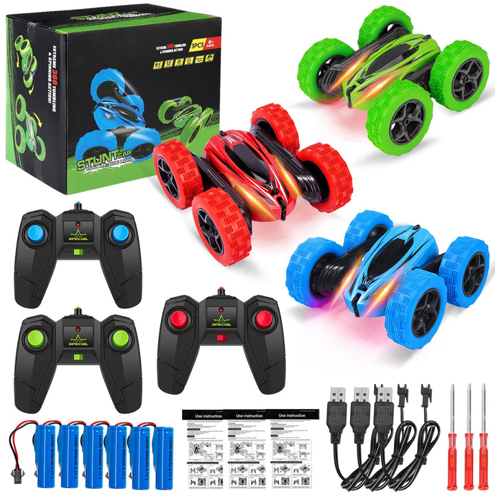 3-Pack RC Stunt Car for Kids - 360 Rotating 4WD Off-Road Double Sided Tumbling, Includes 6 Rechargeable Batteries (Blue, Green, Red)