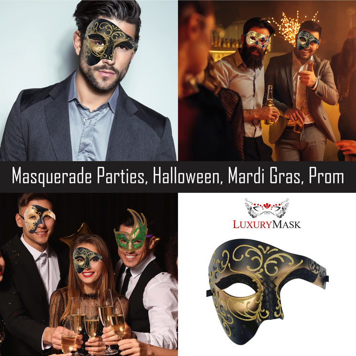 Masquerade Mask For Men Phantom Of The Opera Mask Prom Mardi Gras Haloween Venetian Half Face Mask Black-gold One Size