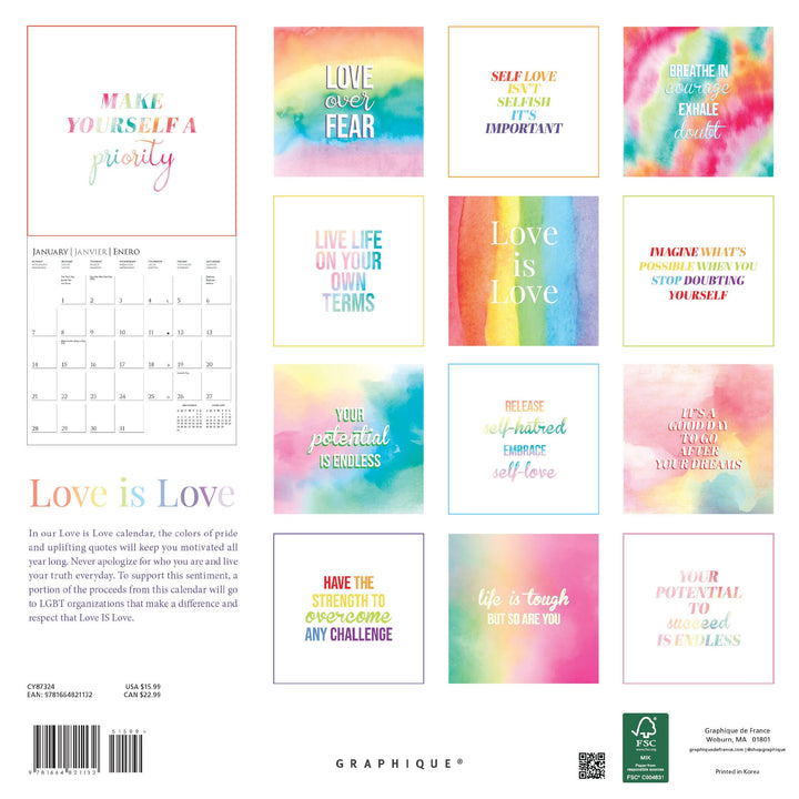 Graphique 2024 Love is Love Wall Calendar | 12” x 12” | Thick Paper | Home & Office Organizer | Large Monthly Grid | 3 Languages & Marked Holidays | 4 Month Preview Page for 2025