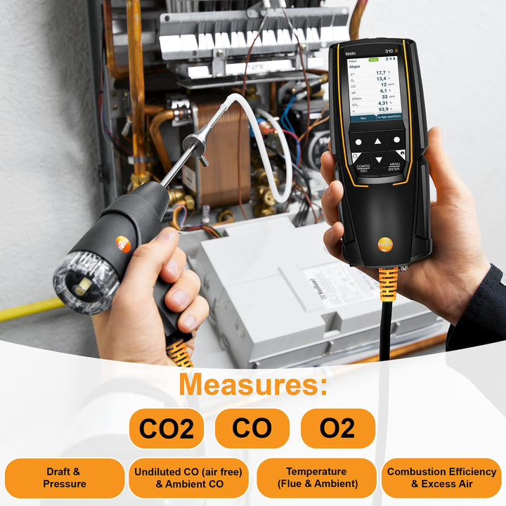 testo Natural Gas Detector Set 310 II – Manometer for Temperature, Flue Gas, and Pressure – Combustion Analyzer – CO Meter – Air Quality Tester with Smart App – Carbon Monoxide Meter with Probe App Connection Standard Set