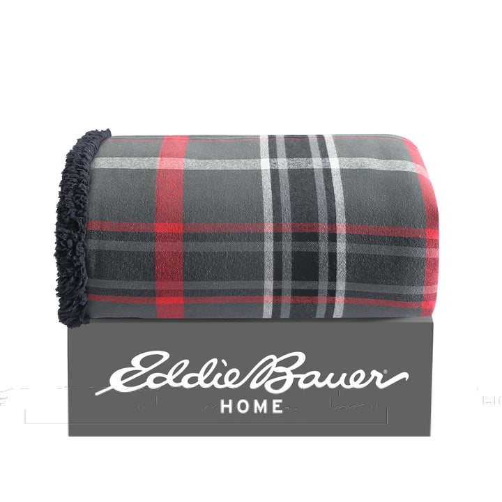 Eddie Bauer - Throw Blanket, Super Soft Reversible Cotton Flannel Sherpa Bedding, Ideal Christmas & White Elephant Gifts, Cozy Plaid Throw Blankets for Couch (Winslow Charcoal, Throw) Winslow Charcoal/Red