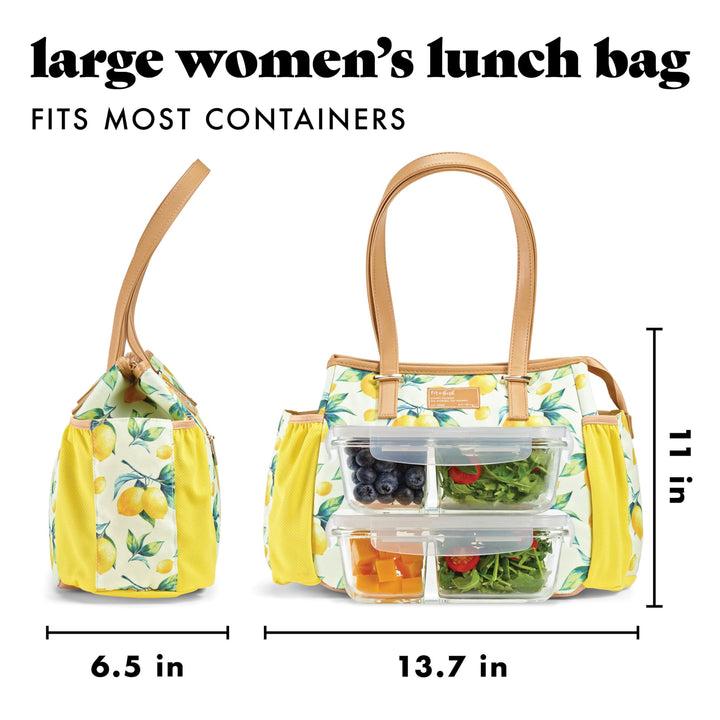 Fit & Fresh Lunch Bag For Women, Insulated Womens Lunch Bag For Work, Stain-Resistant, Lightweight, Large Lunch Box For Women With Salad Container and Matching Tumbler, Zipper, Copley Lunch Kit,Lemons Bag with containers Yellow