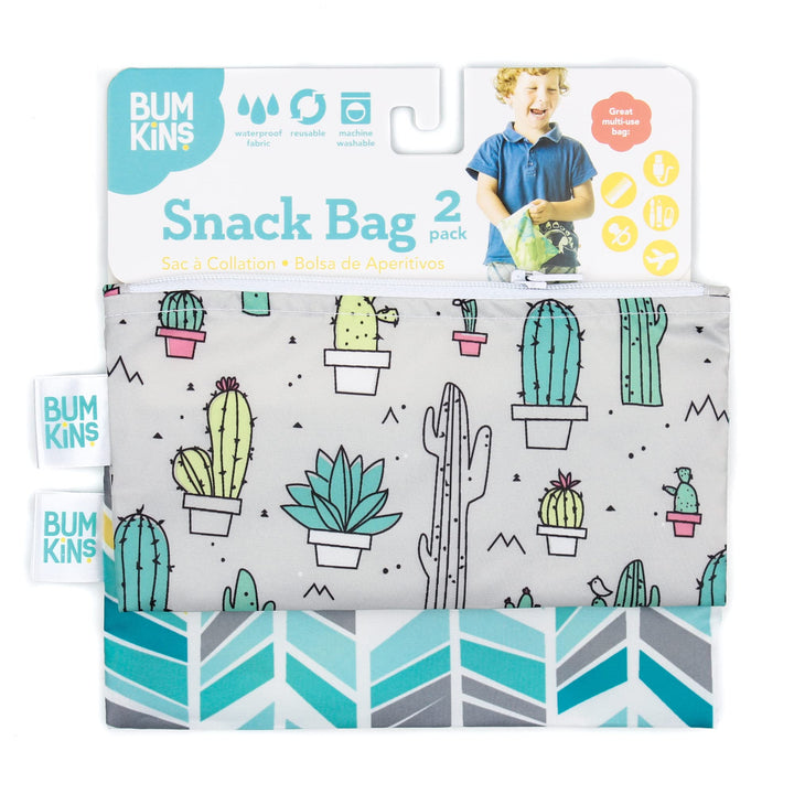 Bumkins Reusable Snack Bags, for Kids School Lunch and for Adults Portion, Washable Fabric, Waterproof Cloth Zip Bag, Supplies Travel Pouch, Food-Safe Storage, 2-pk Cactus and Quill Snack Bag 2-pk Cactus & Quill-Sm