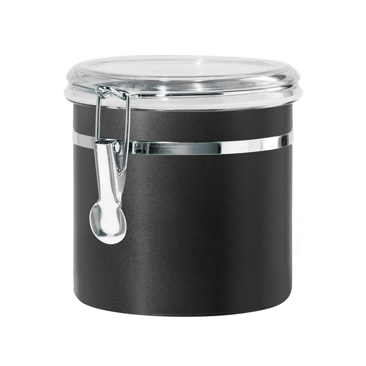 Oggi Stainless Steel Kitchen Canister 36 fl oz, Black - Airtight Clamp Lid, Clear See-Thru Top - Ideal for Kitchen Storage, Food Storage, Pantry Storage. Size 5" x 4.75". 36-ounce Airtight Canister