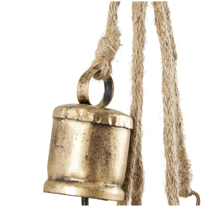 Deco 79 Gold Metal Tibetan Inspired String Hanging Decorative Bells with Jute Hanging Rope 4" x 8" x 52" - Cone 52" x 4" x 8"