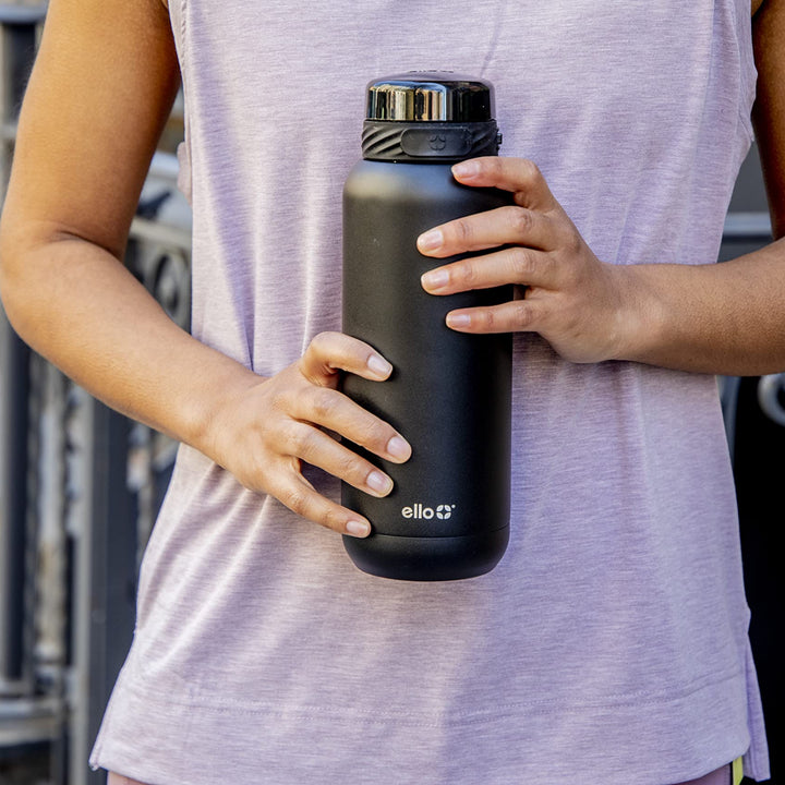 Ello Cooper Stainless Steel Water Bottle with Straw and Carry Handle, Double Walled and Vacuum Insulated Metal, Leak Proof Locking Lid with Soft Silicone Spout, Reusable, BPA Free, 22oz, 32oz, 40oz Black