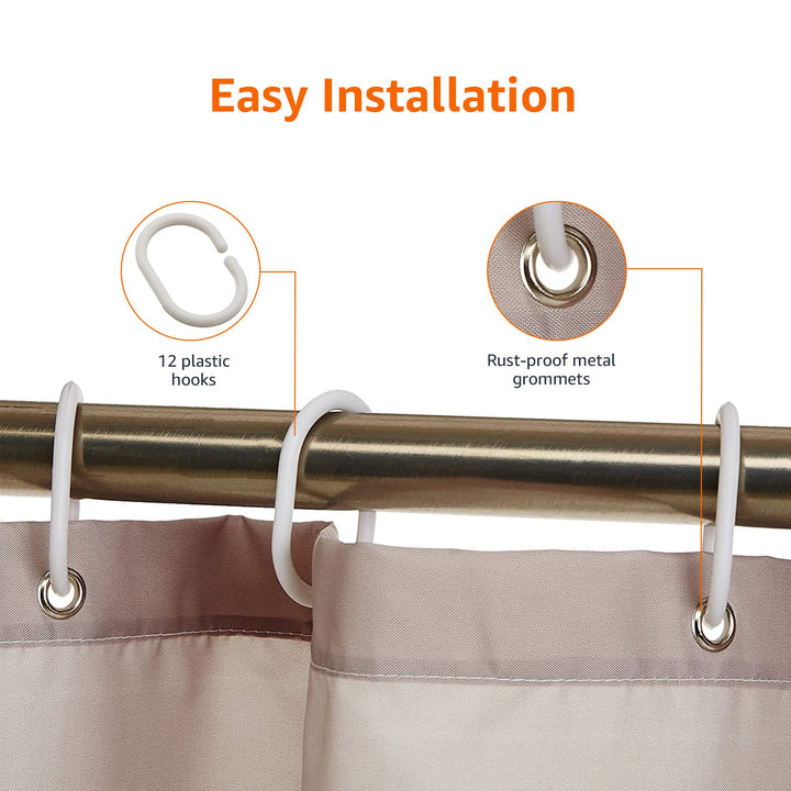 Basics Water Resistent Fabric Shower Curtain with Grommets and Hooks, Machine Washable, 72'' x 72'', Large Light Brown, Beige