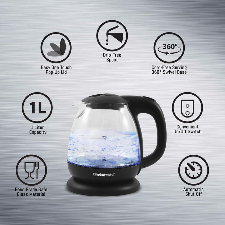 Elite Gourmet EKT1001 Electric 1.0L BPA-Free 1100W Glass Kettle Cordless 360° Base, Stylish Blue LED Interior, Handy Auto Shut-Off Function – Quickly Boil Water For Tea & More, Black 1.1 Quarts