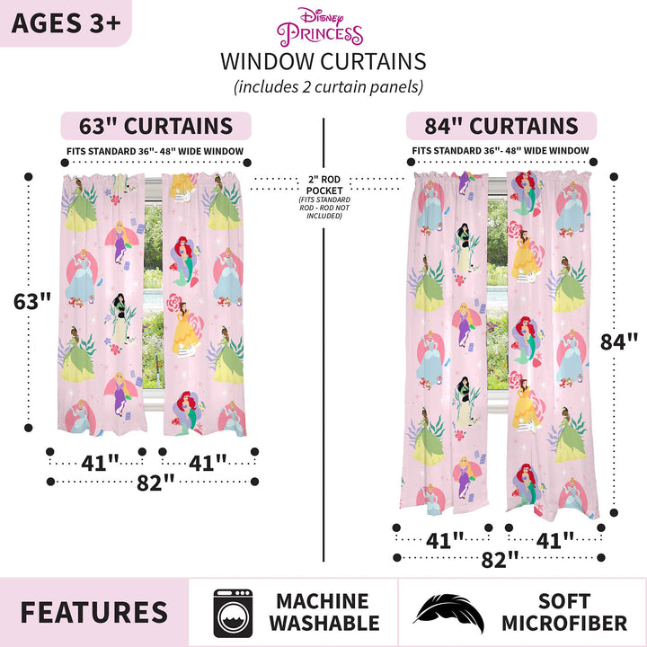 Disney Princess Kids Room Window Curtains Drapes Set, 82 in x 63 in, "Official" Disney Product By Franco Disney Princess