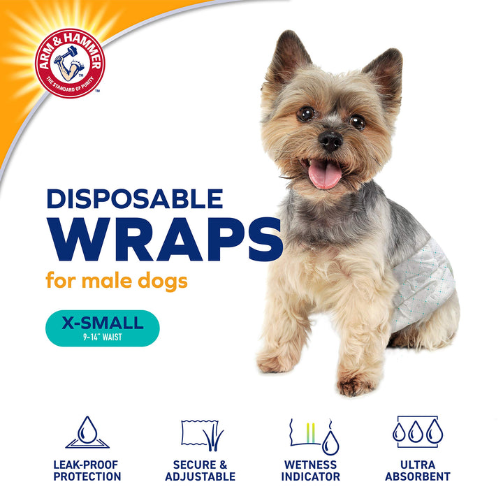 Arm & Hammer For Pets Male Dog Wraps, Medium 12 Ct | Ultra-Absorbent, Adjustable Male Dog Diapers with Leak-Proof Protection & Wetness Indicator | Arm & Hammer Baking Soda Enhanced for Odor Control Male Wraps Medium (12 Count)